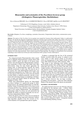 Bioacoustics and Systematics of the Poecilimon Heroicus-Group (Orthoptera: Phaneropteridae: Barbitistinae)