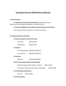 Lab Safety Plan for MOCVD Room (Rm115)