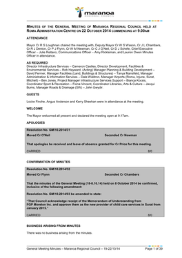 Maranoa Regional Council Held at Roma Administration Centre on 22 October 2014 Commencing at 9.00Am