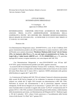 Divisione Servizi Sociali, Socio Sanitari, Abitativi E Lavoro 2020 00513/019 Servizio Anziani E Tutele