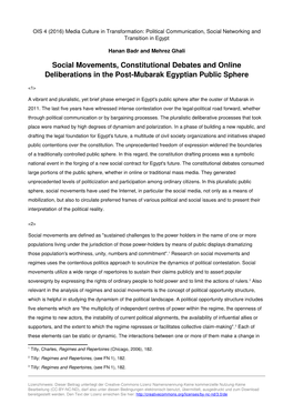 Social Movements, Constitutional Debates and Online Deliberations in the Post­Mubarak Egyptian Public Sphere