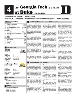 At Duke (2-1, 0-0 ACC) September 26, 2015 • 12 Noon • ESPN2 Durham, N.C
