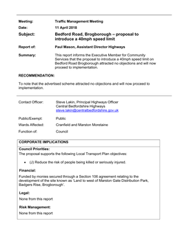 Subject: Bedford Road, Brogborough – Proposal to Introduce a 40Mph Speed Limit