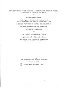 A COMPARATIVE STUDY of NUCLEAR DISCOURSE in PAKISTAN and INDIA by HAIDER KHAN NIZAMANI M.Sc