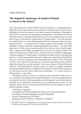 The Linguistic Landscape of Modern Poland: a Return to the Future?