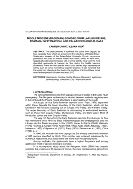 Middle Miocene (Badenian) Conidae from Lăpugiu De Sus, Romania: Systematical and Palaeoecological Data