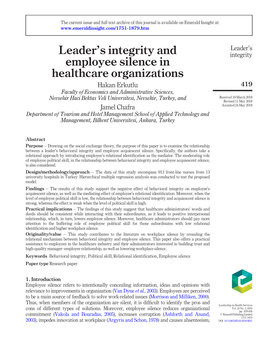 Leader's Integrity and Employee Silence in Healthcare Organizations