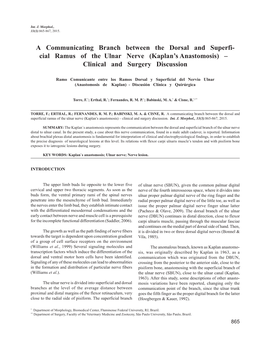 A Communicating Branch Between the Dorsal and Superfi- Cial Ramus of the Ulnar Nerve (Kaplan’S Anastomosis) – Clinical and Surgery Discussion
