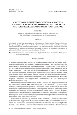 A Taxonomic Revision of Canscora, Cracosna, Duplipetala, Hoppea, Microrphium, Phyllocyclus and Schinziella (Gentianaceae–Canscorinae)