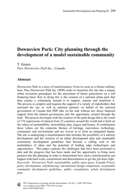 Downsview Park: City Planning Through the Development of a Model Sustainable Community