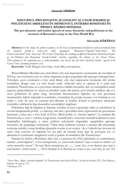 Discursul Pro-Dinastic Şi Loialist Al Unor Ierarhi Şi Politicieni Ardeleni În Momentul Intrării României În Primul Război