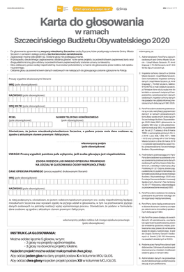 Karta Do Głosowania W Ramach Szczecińskiego Budżetu Obywatelskiego 2020