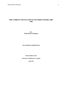 The Currency Revolution in Southern Nigeria 1880- 1948