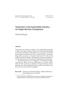 Teamwork in the Automobile Industry – an Anglo-German Comparison