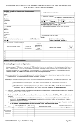 International Health Certificate for Dogs and Cats Being Exported to the Turks and Caicos Islands from the United States of America Or Canada