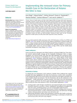 Implementing the Renewed Vision for Primary Health Care in the Declaration of Astana: Cambridge.Org/Phc the Time Is Now