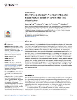 Relevance Popularity: a Term Event Model Based Feature Selection Scheme for Text Classification