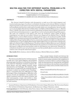 Bolton Analysis for Different Sagital Problems & Its Corelation with Dental Parameters