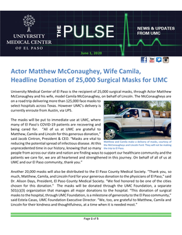 Actor Matthew Mcconaughey, Wife Camila, Headline Donation of 25,000 Surgical Masks for UMC