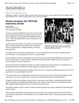 Sonics Are Gone, but 1979 Title Memories Remain | Seattle Times Newspaper Page 1 of 2