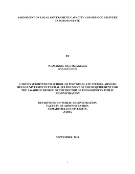 ASSESSMENT of LOCAL GOVERNMENT CAPACITY and SERVICE DELIVERY in SOKOTO STATE by WAMAKKO, Aliyu Magatakarda (P16ADPA9023) a THESI