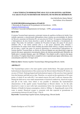 Caracterização Hidroquímicadas Águas Do Sistema Aquífero Tacaratu/Inajá No Distrito De Moxotó, Município De Ibimirim-Pe