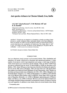Ant Species Richness in Chorao Island, Goa, India