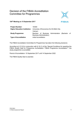 Decision of the FIBAA Accreditation Committee for Programmes