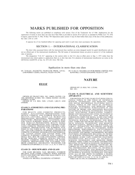 Marks Published for Opposition