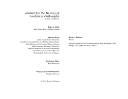 Journal for the History of Analytical Philosophy Volume 1, Number 2