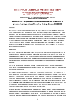 Report for the Derbyshire Historic Environment Record on a Hillfort of Presumed Iron Age Date at Mouselow, Dinting, Glossop SK 028 955