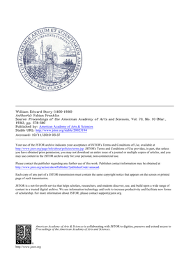 William Edward Story (1850-1930) Author(S): Fabian Franklin Source: Proceedings of the American Academy of Arts and Sciences, Vol