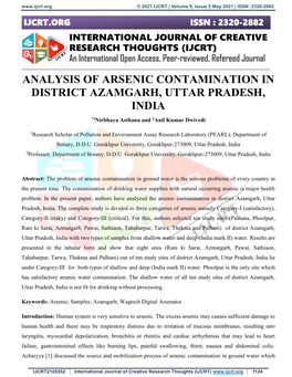 ANALYSIS of ARSENIC CONTAMINATION in DISTRICT AZAMGARH, UTTAR PRADESH, INDIA *1Nirbhaya Asthana and 2Anil Kumar Dwivedi