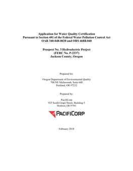 Application for Water Quality Certification Pursuant to Section 401 of the Federal Water Pollution Control Act OAR 340-048-0020 and ORS 468B.040