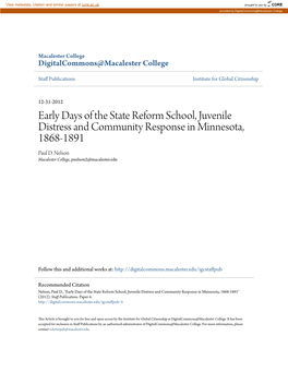 Early Days of the State Reform School, Juvenile Distress and Community Response in Minnesota, 1868-1891 Paul D