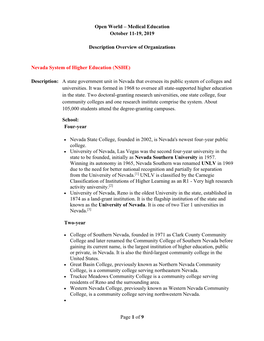 Page 1 of 9 Open World – Medical Education October 11-19, 2019 Description Overview of Organizations Nevada System of Higher