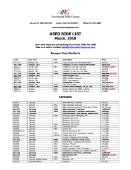 USED RIDE LIST March, 2018