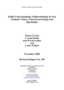 Public Understandings of Biotechnology in New Zealand: Nature, Clean Green Image and Spirituality