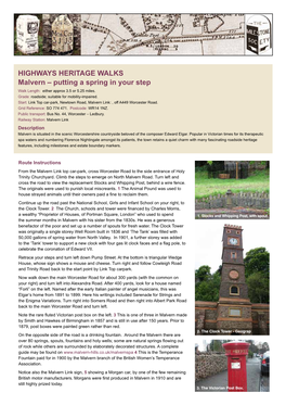 HIGHWAYS HERITAGE WALKS Malvern – Putting a Spring in Your Step Walk Length: Either Approx 3.5 Or 5.25 Miles