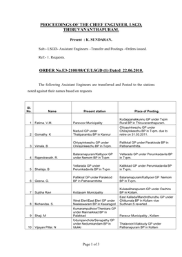 Proceedings of the Chief Engineer, Lsgd, Thiruvananthapuram