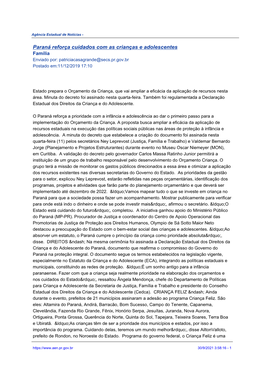 Paraná Reforça Cuidados Com As Crianças E Adolescentes Família Enviado Por: Patriciacasagrande@Secs.Pr.Gov.Br Postado Em:11/12/2019 17:10