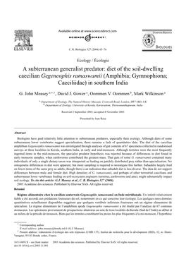 A Subterranean Generalist Predator: Diet of the Soil-Dwelling Caecilian Gegeneophis Ramaswamii (Amphibia; Gymnophiona; Caeciliidae) in Southern India