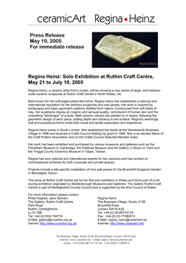 Regina Heinz: Solo Exhibition at Ruthin Craft Centre, May 21 to July 10, 2005