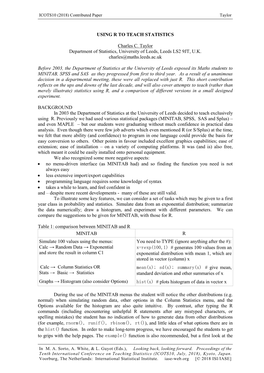 USING R to TEACH STATISTICS Charles C. Taylor Department Of