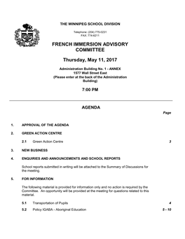FRENCH IMMERSION ADVISORY Committeepage 2 of 46 May 11, 2017 AGENDA
