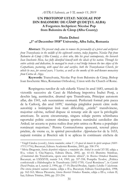 ASTRA Salvensis, an VII, Număr 13, 2019 31 UN PROTOPOP UITAT: NICOLAE POP DIN BALOMIRU DE CÂMP (JUDEŢUL ALBA) a Forgotten