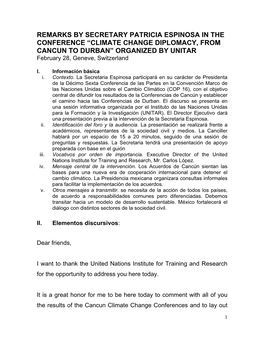 REMARKS by SECRETARY PATRICIA ESPINOSA in the CONFERENCE “CLIMATE CHANGE DIPLOMACY, from CANCUN to DURBAN” ORGANIZED by UNITAR February 28, Geneve, Switzerland