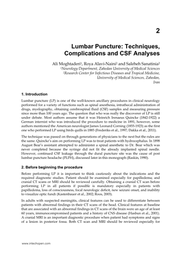 Lumbar Puncture: Techniques, Complications and CSF Analyses