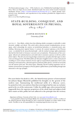 State-Building, Conquest, and Royal Sovereignty in Prussia, – *