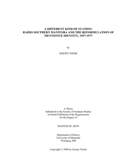 Radio Southern Manitoba and the Reformulation of Mennonite Identity, 1957-1977